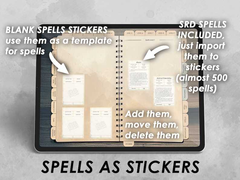 The listing includes spell cards in form of jpg files. You can just add them to the journal throug programs like goodnotes or notability