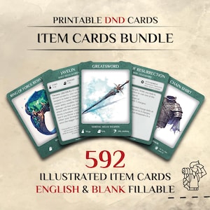 May include: A set of printable DND item cards featuring a bundle of 592 illustrated cards, including English and blank fillable versions. The cards display various fantasy items like a greatsword, ring, and chain shirt with detailed text.