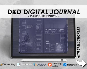 Diario azul oscuro de DnD 5e: Hoja de personaje digital y pegatinas de hechizos (Goodnotes)