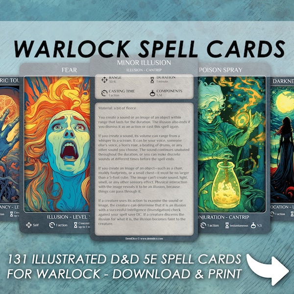 DnD Warlock Spells | D&D Illustrated spell cards | Dungeons and Dragons 5e | Spellbook | Tarrot size cards