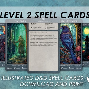 Cartes magiques M&D | Cartes illustrées de niveau 2 | Donjons et Dragons 5e | Livre de sorts d&d | Cartes de la taille d'un tarot