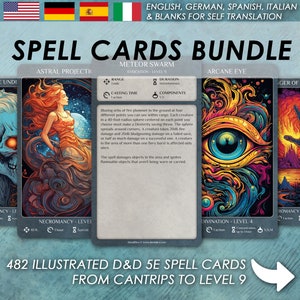 DnD Spell Cards BUNDLE | ALL CLASSES Cantrips to Level 9 Illustrated cards | Dungeons and Dragons 5e | d&d Spellbook | Tarrot size cards