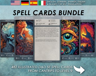 DnD Spell Cards BUNDLE | ALL CLASSES Cantrips to Level 9 Illustrated cards | Dungeons and Dragons 5e | d&d Spellbook | Tarrot size cards