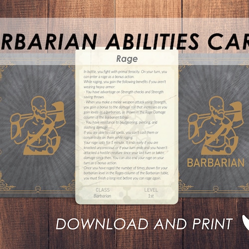D&D 5e Barbarian Class Reference Sheet Dungeons and Dragons Etsy