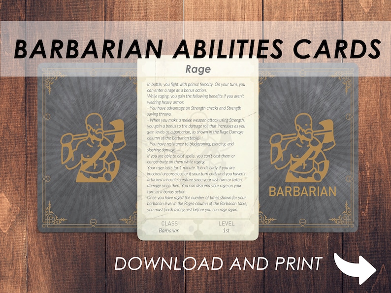 Dnd Barbarian Ability Cards Dnd Player Class Accessories Etsy