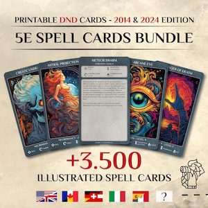 DnD Spell Cards BUNDLE | Dnd 2014 and 2024 Update Illustrated Spell Cards | Dungeons and Dragons 5e | d&d Spellbook | Tarrot Size Cards