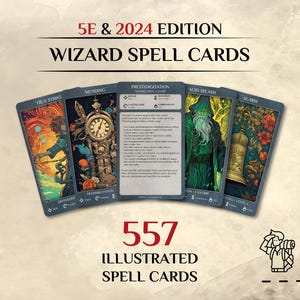 May include: A set of 557 illustrated wizard spell cards for 5E and 2024 edition. The cards feature dark blue borders and detailed fantasy artwork, including a clock, a wizard in green robes, and a bell, with text detailing specific spell mechanics.