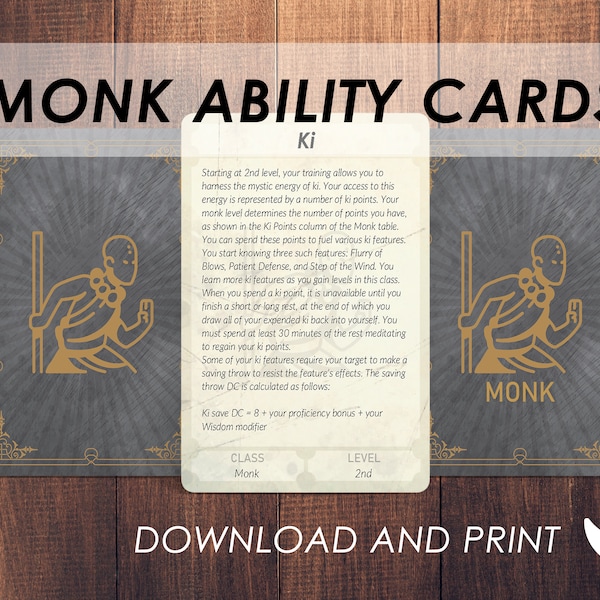 Cartes de capacité de moine DnD | Accessoires de classe Dnd Player | Donjons et Dragons 5e | DnD imprimable | PDF |