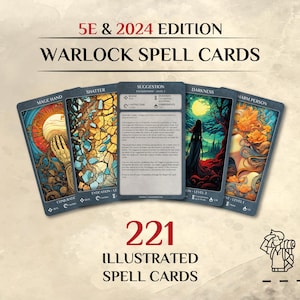 May include: A set of 221 illustrated spell cards for 5E and 2024 edition tabletop games. The cards feature dark blue borders and vibrant, detailed fantasy artwork. One card is displayed face-up, showing the text for the Suggestion spell.