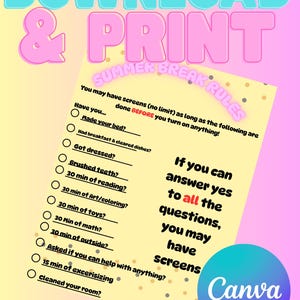 May include: A downloadable and printable summer break rules checklist with a pink and blue color scheme. The checklist includes tasks like making the bed, brushing teeth, and reading. The Canva logo is visible.
