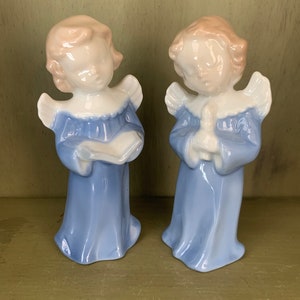 Made in Japan Two Blue and White Ceramic Angels Singing  1950s