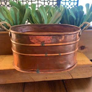 May include: An oval copper planter with two handles. The planter is made of copper and has a shiny finish. The planter is sitting on a wooden surface.