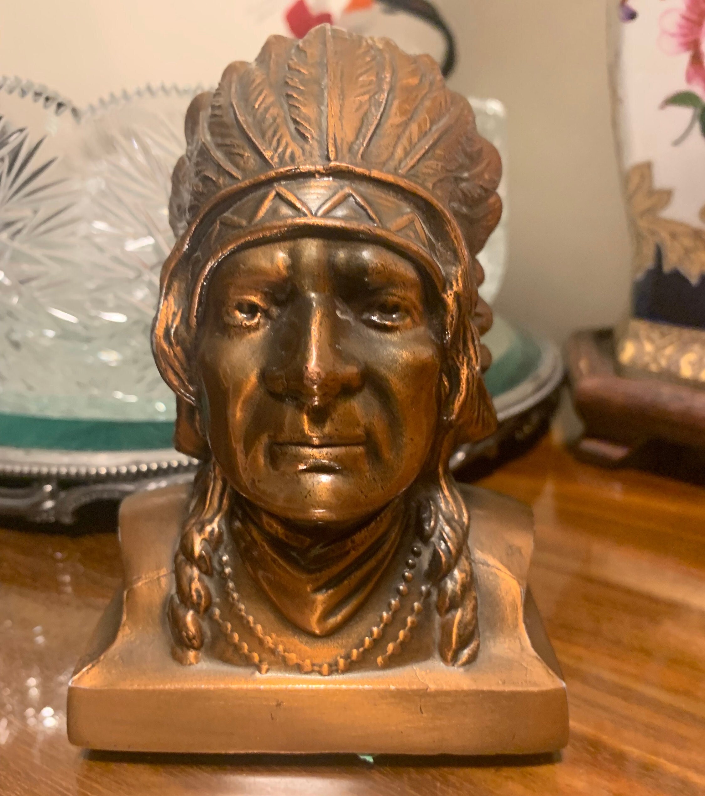 Vintage Indian Chief coin bank, advertising piece for a Helena Montana Bank