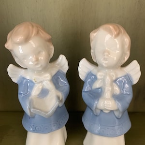 Made in Japan Two Blue and White Ceramic Angels Singing  1950s