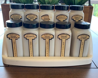 Griffith’s Milk Glass Spice Jars with tiered rack