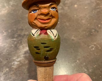 Vintage ANRI Hand Carved Wood Figural Mechanical Character Bottle Stopper