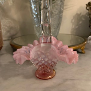 Vintage Fenton Art Glass Cranberry Opalescent Hobnail Crimped Basket