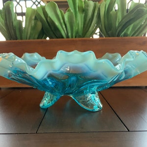 Jefferson Glass “Meander” Pattern Blue Opalescent Footed Fluted Bowl