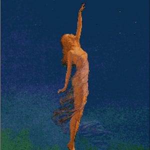 Op de afbeelding: Digitale kunstprint van een vrouw die naar een halve maan reikt in een donkerblauwe nachthemel. De vrouw draagt een vloeiende, lichtgekleurde jurk en staat op een rotsachtig oppervlak. Sterren zijn verspreid op de achtergrond.