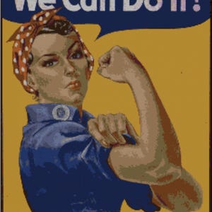 Op de afbeelding: Vintage poster met de slogan "We Can Do It!" in een tekstballon. Het toont een vrouw die haar arm spant, gekleed in een blauw overhemd en een rood-witte polkadot hoofddoek. De achtergrond is mosterdgeel.