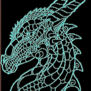 Puede incluir: Ilustración digital detallada de la cabeza de un dragón de perfil, renderizada en un estilo pixelado. El dragón se representa en un color turquesa vibrante sobre un fondo negro. El diseño presenta patrones intrincados y detalles nítidos, mostrando los cuernos, las escamas y los rasgos faciales del dragón.