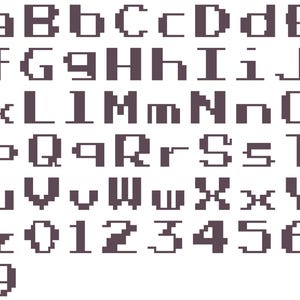 May include: A full alphabet and number set in a pixelated, retro style. The letters and numbers are in a dark grey colour, with both uppercase and lowercase letters, and numbers from 0 to 9. The font is reminiscent of early computer graphics.