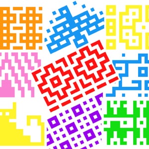 Könnte beinhalten: Ein digitaler Kunstdruck mit einer Vielzahl von bunten, pixelartigen Mustern. Die Muster umfassen geometrische Formen, Zickzacklinien und abstrakte Designs. Die Farben sind hell und lebendig, darunter Orange, Pink, Gelb, Blau, Grün, Rot und Lila.