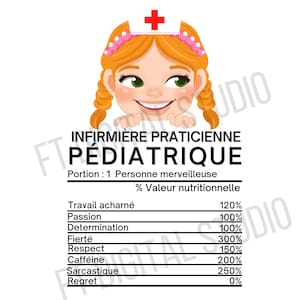 Pode incluir: Gráfico digital de uma enfermeira de desenho animado sorridente com cabelo ruivo e um chapéu de enfermeira. O texto diz "INFIRMIÈRE PRATICIENNE PÉDIATRIQUE" e uma tabela de informações nutricionais.