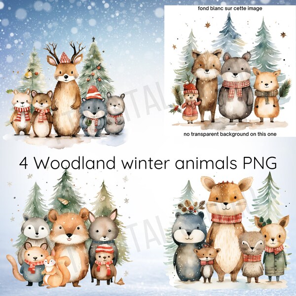 4 fichiers PNG | bundle | woodland winter animals | animaux hiver | 4 PNG bundle | winter design | christmas | sublimation | DTF | card