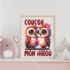 Disegno per | stampa Ciao gufo mio| camera dei bambini | Design a sublimazione in francese| Decorazione | Immagine a sublimazione