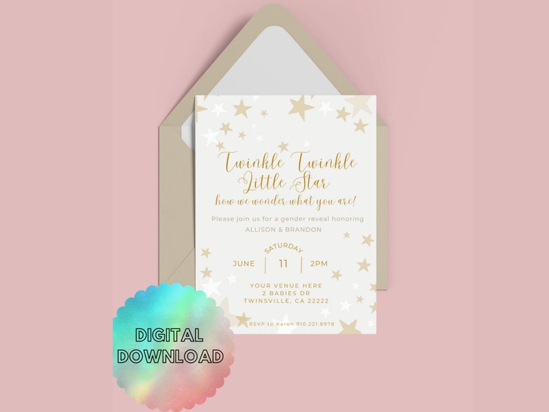 Twinkle Twinkle Little Star Customizable Gender Reveal Invitation Twin or Singleton Gender Reveal