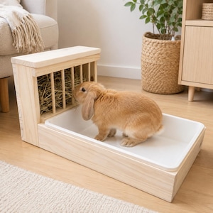 Può includere: Una mangiatoia per fieno in legno chiaro con barre verticali e una base a vassoio rettangolare in plastica bianca. Un piccolo coniglio marrone dalle orecchie lunghe si trova all'interno del vassoio bianco e mangia il fieno dalla struttura.