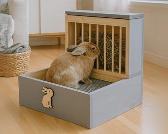 Rabbit Feeding Station, Best Rabbit Litter Box, Rabbit Hay Feeder, Rabbit Litter Feeder, Raised Grid Hay Feeder, Rabbit House Gift. HandMade