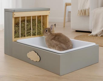 Bac à litière en bois pour lapin avec distributeur de foin – Station de toilette pour lapins – Facile à nettoyer – Mobilier pour animaux fait main – Taille et nom personnalisables