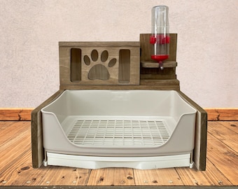 Rabbit hay feeder and litter box with sliding drawer, grill, and water bottle. Rabbit accessories, rabbit toilets, and rabbit gifts.