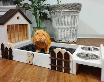 Casa pulita lettiera in legno per conigli idea regalo, felicità del coniglio toilette con griglia per coniglio, mangiatoia fieno con ciotole