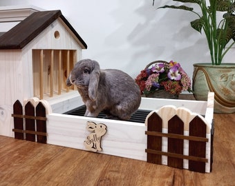Clean House Solid Wood Rabbit Litter Box Gift Idea, Ranch Style Rabbit Feeder, Rabbit Toilet with Grid, Hay Feeder. Hand Made in Italy.