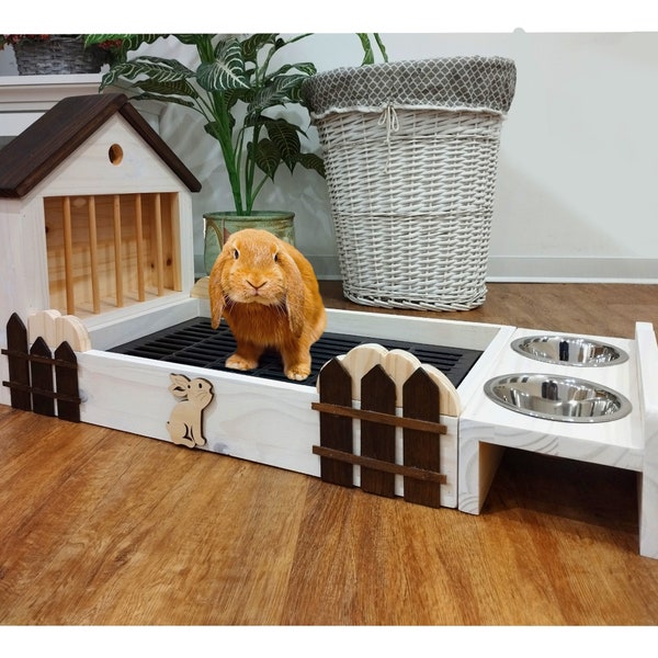 Clean house wooden litter box for rabbits gift idea, rabbit happiness toilet with rabbit grate, hay feeder with bowls