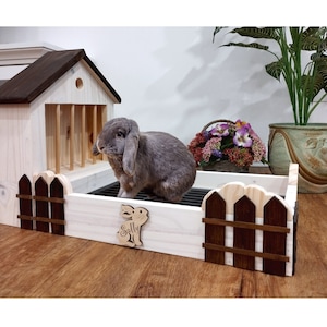 Clean house solid wood litter box for rabbits gift idea, rabbit happiness, toilet with rabbit grate, hay feeder.