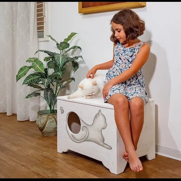 BOÎTE À LITIÈRE POUR CHAT, Litière pour chat en bois, Meubles pour chats modernes, Toilettes pour chats personnalisées, Grande litière pour chat fermée avec récipient amovible et lavable