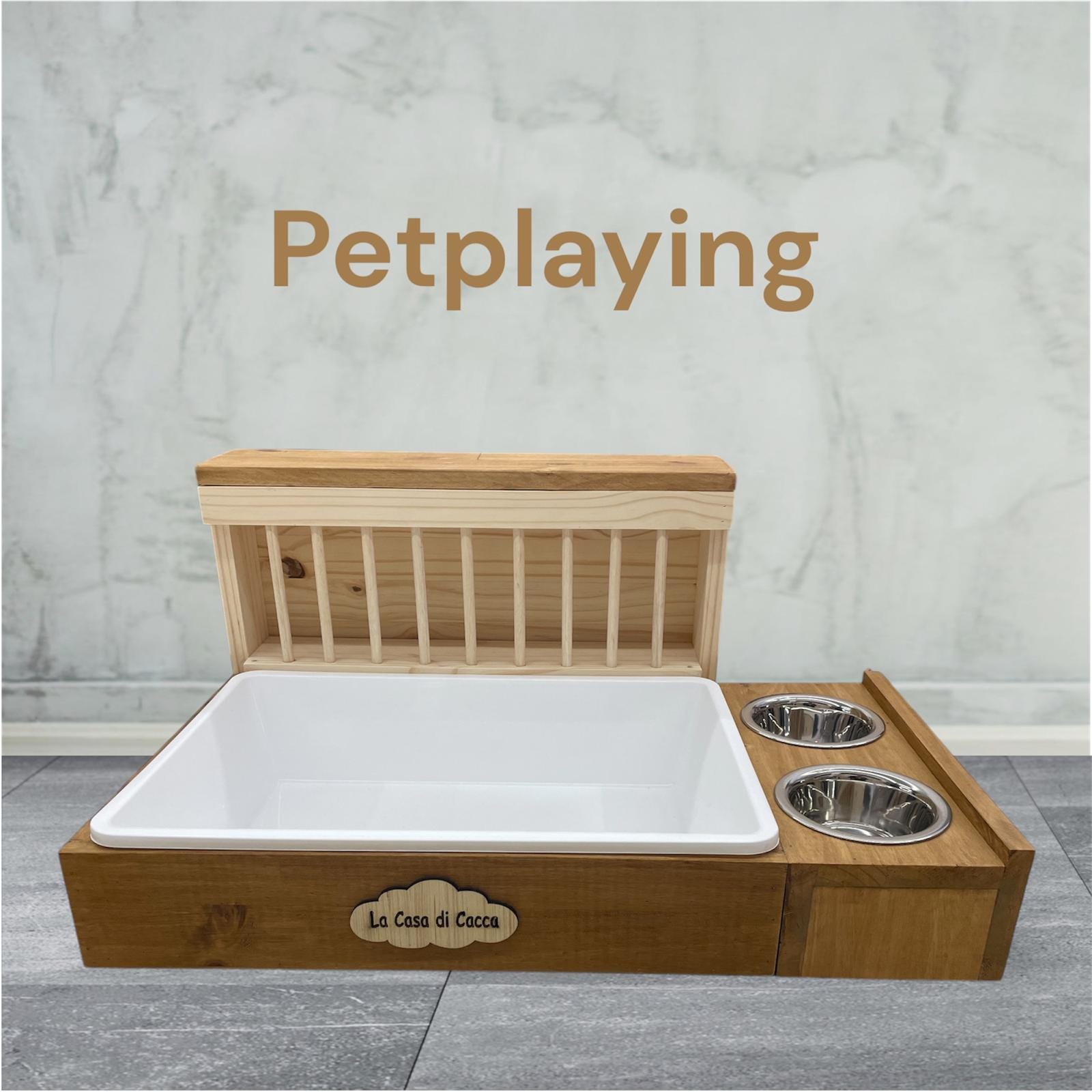 Large Wooden Rabbit Litter Box with Hay Feeder and Bowls, Rabbit Lover Gift Feeding Station. Litière lapin en bois. Handmade in Italy.