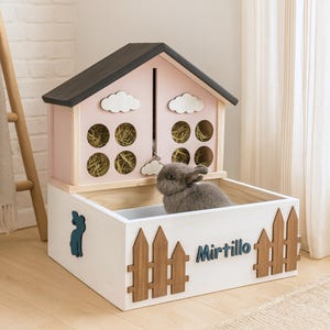 May include: A wooden rabbit hutch with a pink and black roof, white clouds, and a hay-filled compartment. The lower section is white with a blue silhouette of a rabbit and the name "Mirtillo" in blue. A gray rabbit is inside.