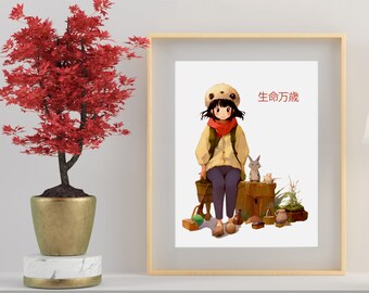 Rabbit girl digital illustration Studio Ghibli style, housewarming gift, gift for mothers, wow poster high quality file