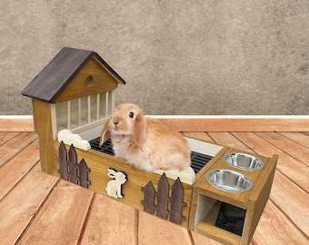 Gift idea for wooden rabbit litter box, rabbit toilet with grid, hay feeder with bowls. Rabbit litter box with grid in Ranch style. HandMade