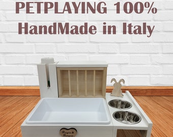 RABBIT FOOD STATION, Best Rabbit Litter, Rabbit Hay Feeder, hay and rabbit litter with water, Unique Rabbit Litter With Wood Hay Holder