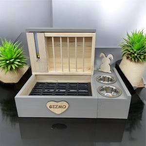 RABBIT FOOD STATION, Best Rabbit Litter, Rabbit Hay Feeder, hay and rabbit litter with water and Grid, Rabbit Litter With Wood Hay Holder.