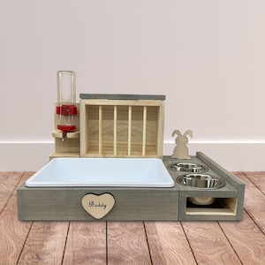 Wooden Hay Bin and Litter Box for Rabbits and Guinea Pigs with Open Water Drinker and Bowl Lifter. Gift Idea for Rabbits. Toilet for Rabbits