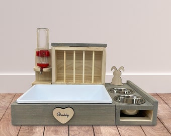 Wooden Hay Bin and Litter Box for Rabbits and Guinea Pigs with Open Water Drinker and Bowl Lifter. Gift Idea for Rabbits. Toilet for Rabbits