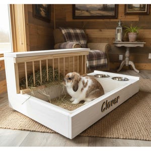 Wooden Rabbit Litter Box with Hay Feeder & Bowls – Bunny Toilet Station – Easy to Clean – Handmade Pet Furniture – Custom Size and Name