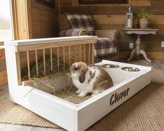 Kaninchen-Toilette aus Holz mit Heuraufe und Futternäpfen – Kaninchen-Toilettenstation – Leicht zu reinigen – Handgefertigte Haustiermöbel – Individuelle Größe und Name